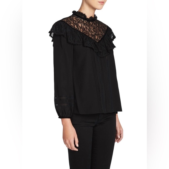 Rebecca Taylor Black Silk & Lace Top With Velvet Trim Size 2 - Picture 2 of 15